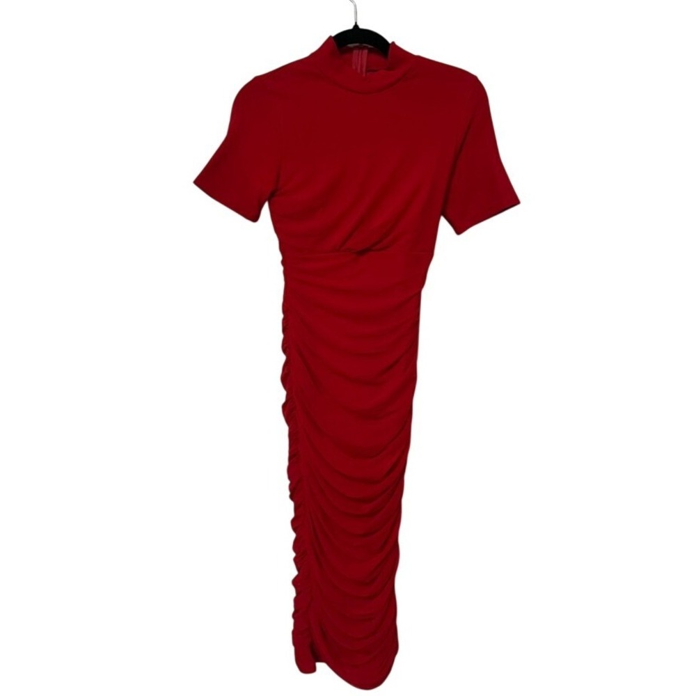 Mock neck ruched back zip maxi dress‎ short sleeve red size small